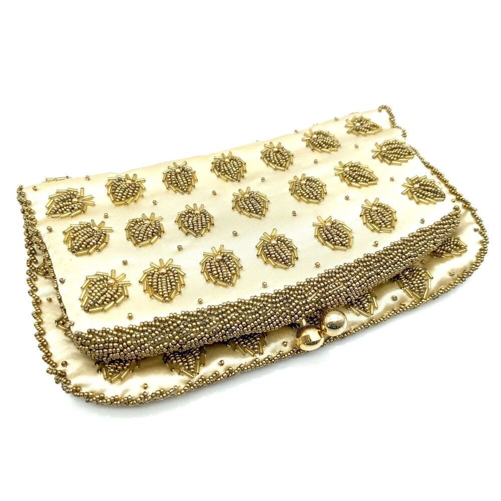 VINTAGE 60s PURSE Bag CLUTCH Ivory Satin Gold BEADED Fold Over